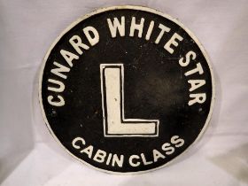 Cast iron sign, Cunard White star, D: 25 cm. Not available for in-house P&P