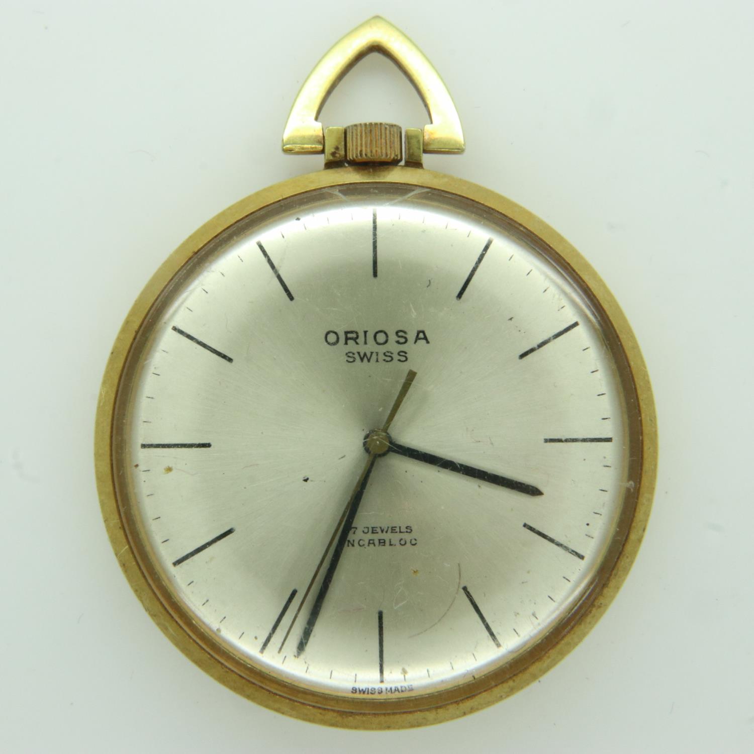 ORIOSA: open face Art Deco gold plated crown wind pocket watch, works for a short time then stops.