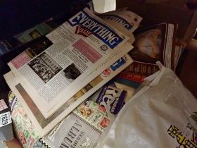 Large box of mixed vintage newspapers and stamps. Not available for in-house P&P