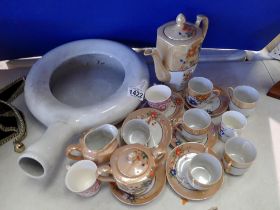 Eighteen piece Japanese tea service and a bedpan. Not available for in-house P&P