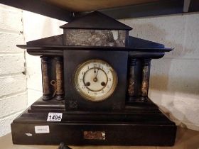 Large slate and marble chiming mantel clock lacking pendulum. Not available for in-house P&P