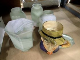 Four glass shades and a character jug. Not available for in-house P&P