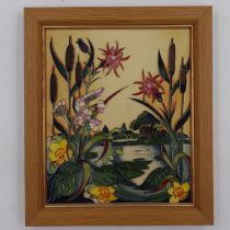 Framed Moorcroft plaque in the Runnymead pattern by Nicola Stanley 2015, 19 x 24 cm, no chips or