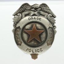 Osage police badge, H: 55mm. UK P&P Group 1 (£16+VAT for the first lot and £2+VAT for subsequent