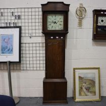 Oak cased long case clock with painted dial, for restoration, H: 210 cm. Not available for in-