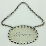 Hallmarked silver sherry decanter label, Chester assay. UK P&P Group 0 (£6+VAT for the first lot and