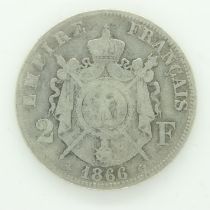 1866 French silver two francs of Napoleon III - F grade. UK P&P Group 0 (£6+VAT for the first lot