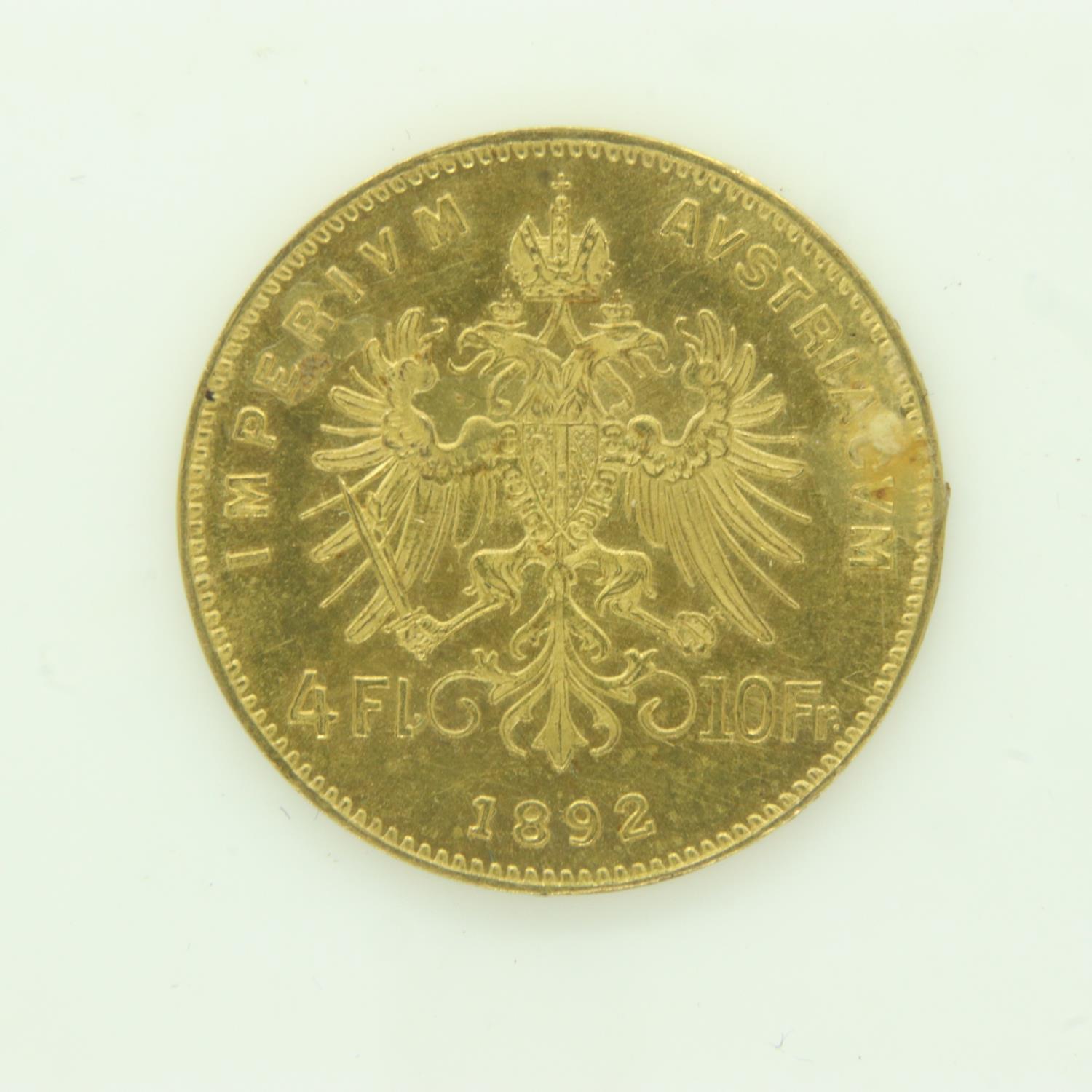 Restrike gold 1892 Austrian 4 Florin 10 Francs, 3.2g. P&P Group 0 (£6+VAT for the first lot and £1+