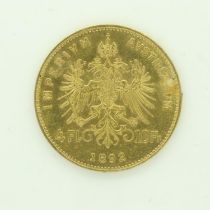 Restrike gold 1892 Austrian 4 Florin 10 Francs, 3.2g. P&P Group 0 (£6+VAT for the first lot and £1+