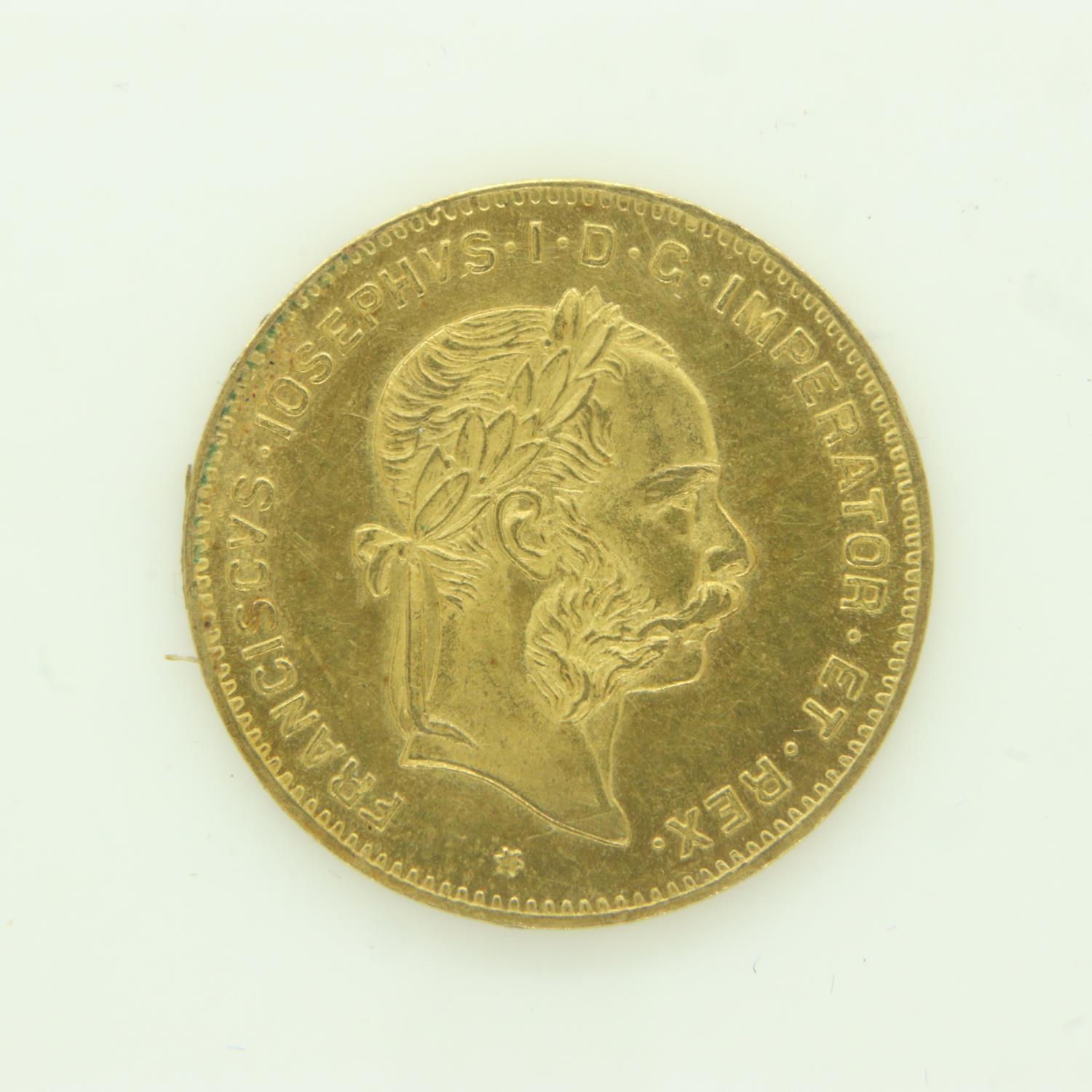 Restrike gold 1892 Austrian 4 Florin 10 Francs, 3.2g. P&P Group 0 (£6+VAT for the first lot and £1+ - Image 2 of 2