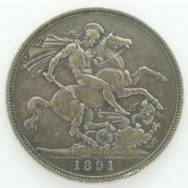1891 silver crown of Queen Victoria - aVF grade ; dark tone. UK P&P Group 0 (£6+VAT for the first