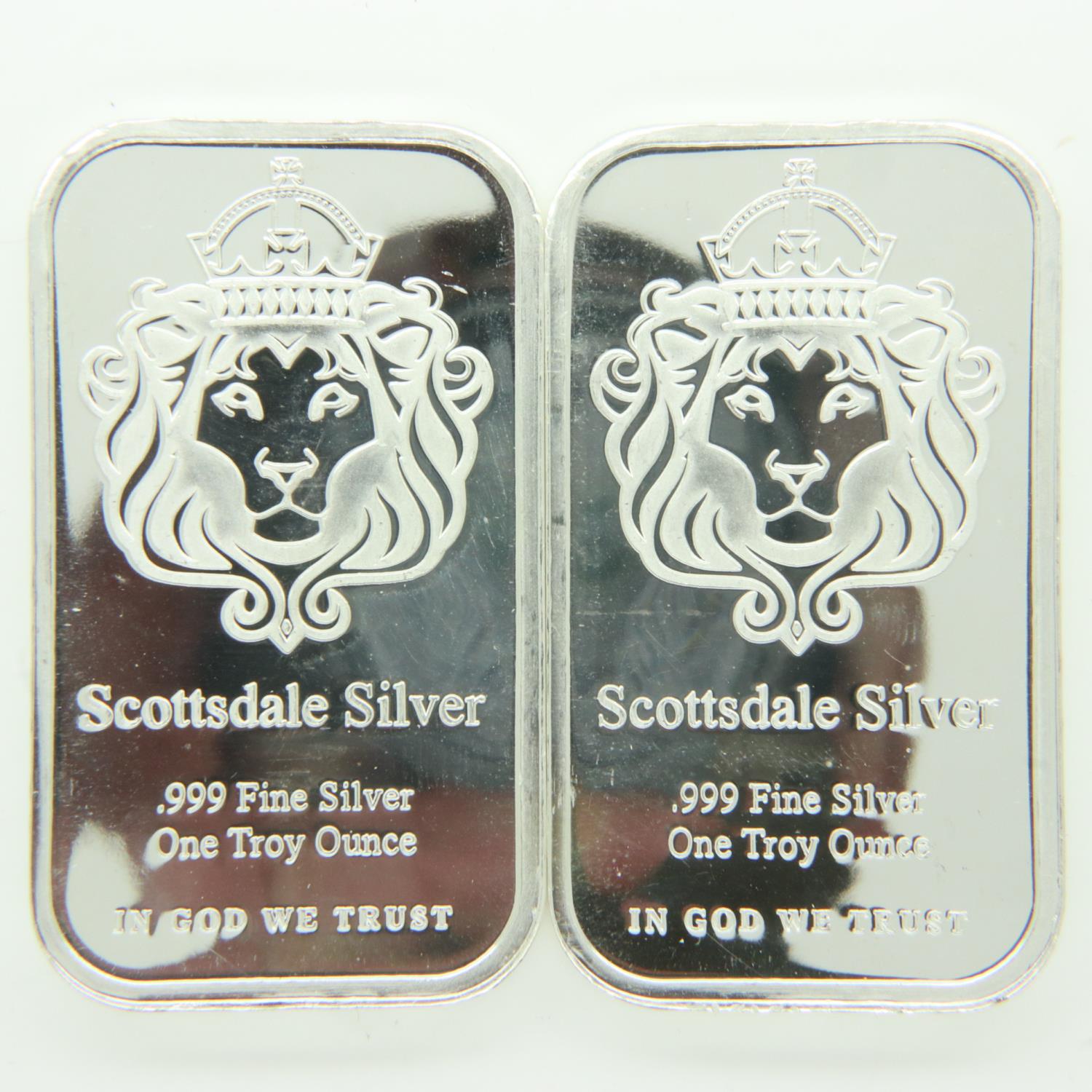 Two Scottsdale Silver one ounce silver bullion ingots. P&P Group 0 (£6+VAT for the first lot and £