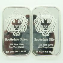 Two Scottsdale Silver one ounce silver bullion ingots. P&P Group 0 (£6+VAT for the first lot and £