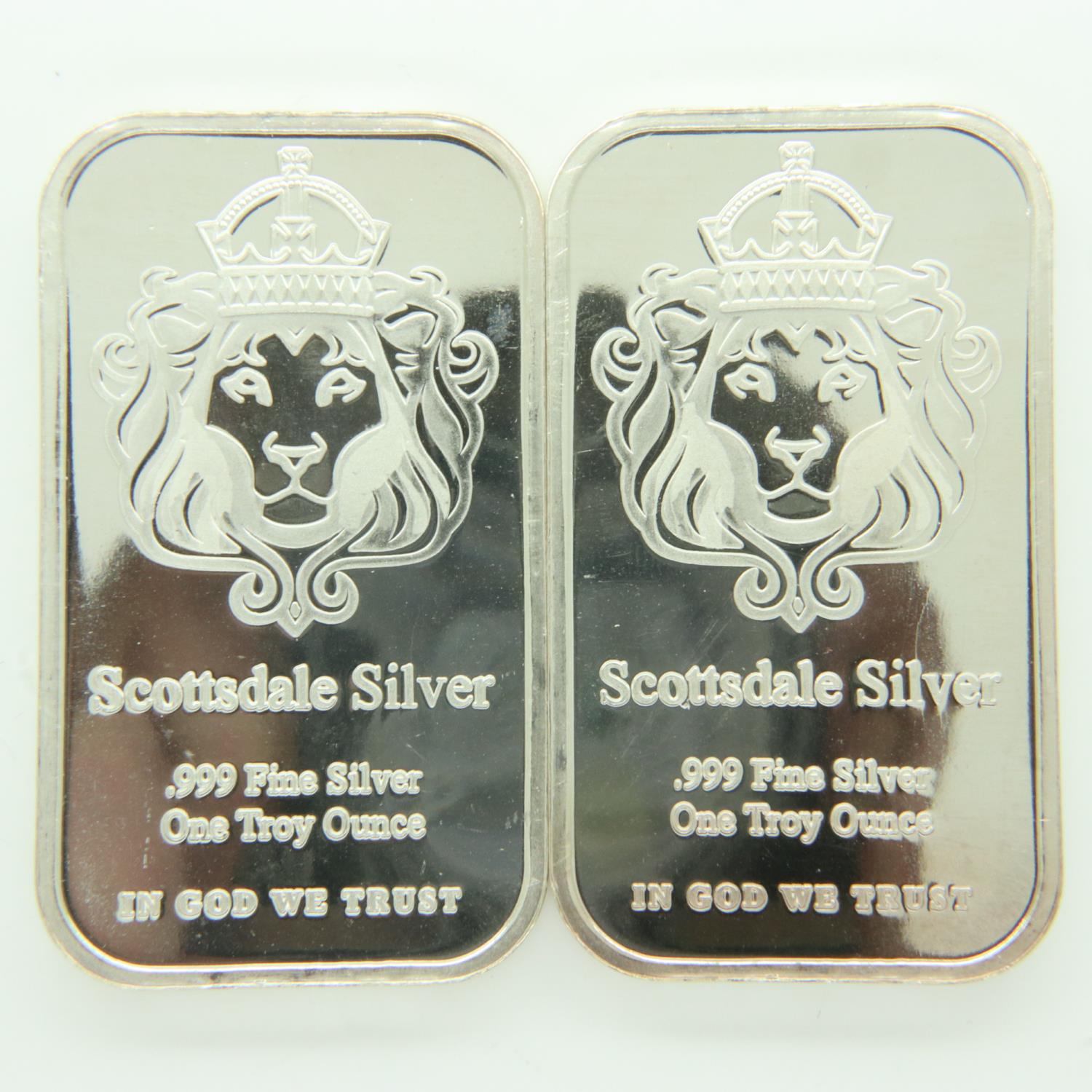 Two Scottsdale Silver one ounce silver bullion ingots. P&P Group 0 (£6+VAT for the first lot and £