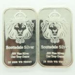 Two Scottsdale Silver one ounce silver bullion ingots. P&P Group 0 (£6+VAT for the first lot and £