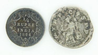 1894 Indian silver quarter rupee of Queen Victoria with a silver Denarius of Gordian III. UK P&P