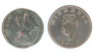 Two early Hibernian coins, George III halfpenny and John Woods colonial issue - gF grades. UK P&P