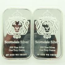 Two Scottsdale Silver one ounce silver bullion ingots. P&P Group 0 (£6+VAT for the first lot and £