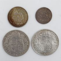 1916 and 1918 silver half crowns in VF grade, a 1905 sixpence and a 1826 George IV shilling. UK P&