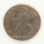 1734 halfpenny of George II - F grade. UK P&P Group 0 (£6+VAT for the first lot and £1+VAT for