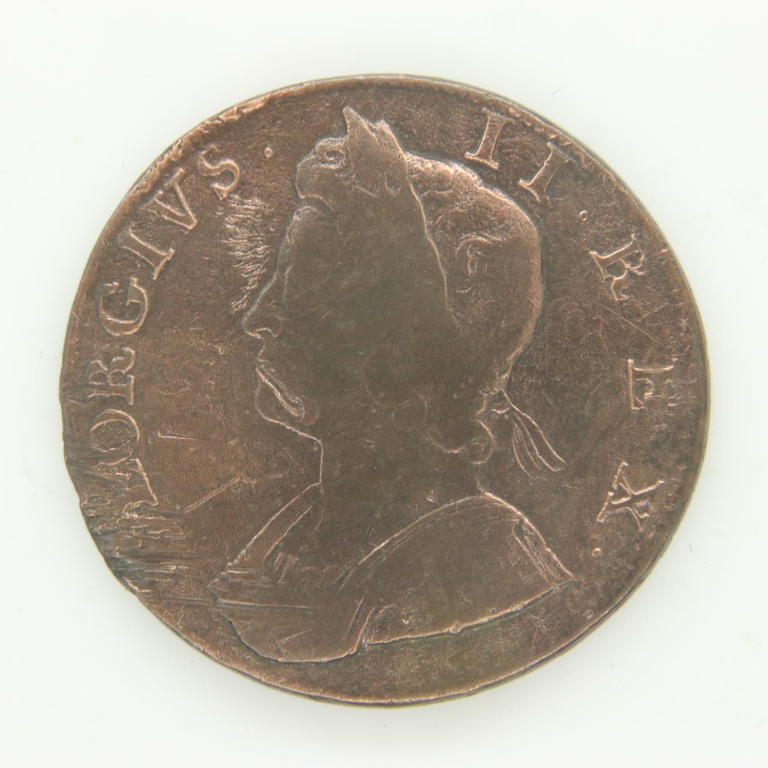 1734 halfpenny of George II - F grade. UK P&P Group 0 (£6+VAT for the first lot and £1+VAT for - Image 2 of 2