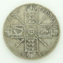 1913 silver florin of George V - nVF grade. UK P&P Group 0 (£6+VAT for the first lot and £1+VAT