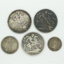 1821 silver crown of George IV, two Victorian silver crowns and further Victorian silver. UK P&P