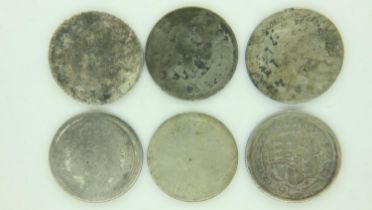 Six mainly George III silver shillings - poor grade. UK P&P Group 0 (£6+VAT for the first lot and £