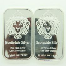 Two Scottsdale Silver one ounce silver bullion ingots. P&P Group 0 (£6+VAT for the first lot and £