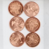 Six bullion copper one ounce rounds. UK P&P Group 1 (£16+VAT for the first lot and £2+VAT for