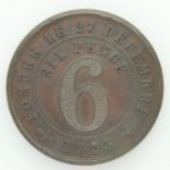 1703 (1860 actual) - London Swiss Benevolent Society sixpence token - EF grade. UK P&P Group 0 (£6+