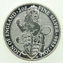 2016 Lion of England two ounce silver bullion round. P&P Group 0 (£6+VAT for the first lot and £1+