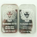 Two Scottsdale Silver one ounce silver bullion ingots. P&P Group 0 (£6+VAT for the first lot and £