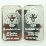 Two Scottsdale Silver one ounce silver bullion ingots. P&P Group 0 (£6+VAT for the first lot and £