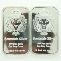 Two Scottsdale Silver one ounce silver bullion ingots. P&P Group 0 (£6+VAT for the first lot and £