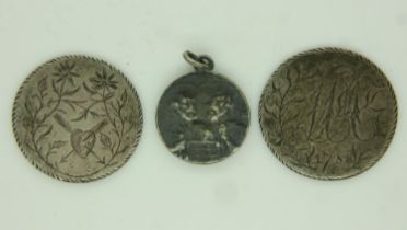 Two silver love tokens from worn shillings and a papal pendant. P&P Group 0 (£6+VAT for the first