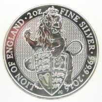 2016 Lion of England two ounce silver bullion round. P&P Group 0 (£6+VAT for the first lot and £1+