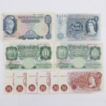 UK banknotes, including O'Brien and Page £5 notes, Peppiatt £1 and Fforde 10 shilling notes, all