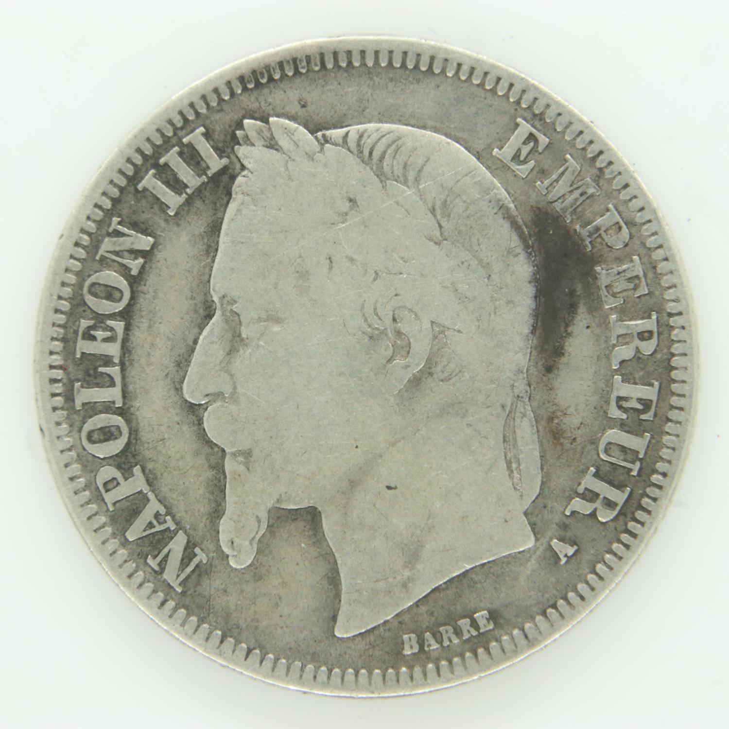 1866 French silver two francs of Napoleon III - F grade. UK P&P Group 0 (£6+VAT for the first lot - Image 2 of 2