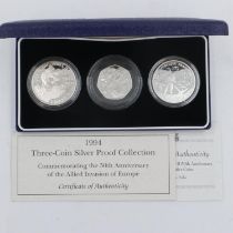 1994 three-coin silver proof set of coins, 50th Anniversary of the Allied Invasion of Europe,