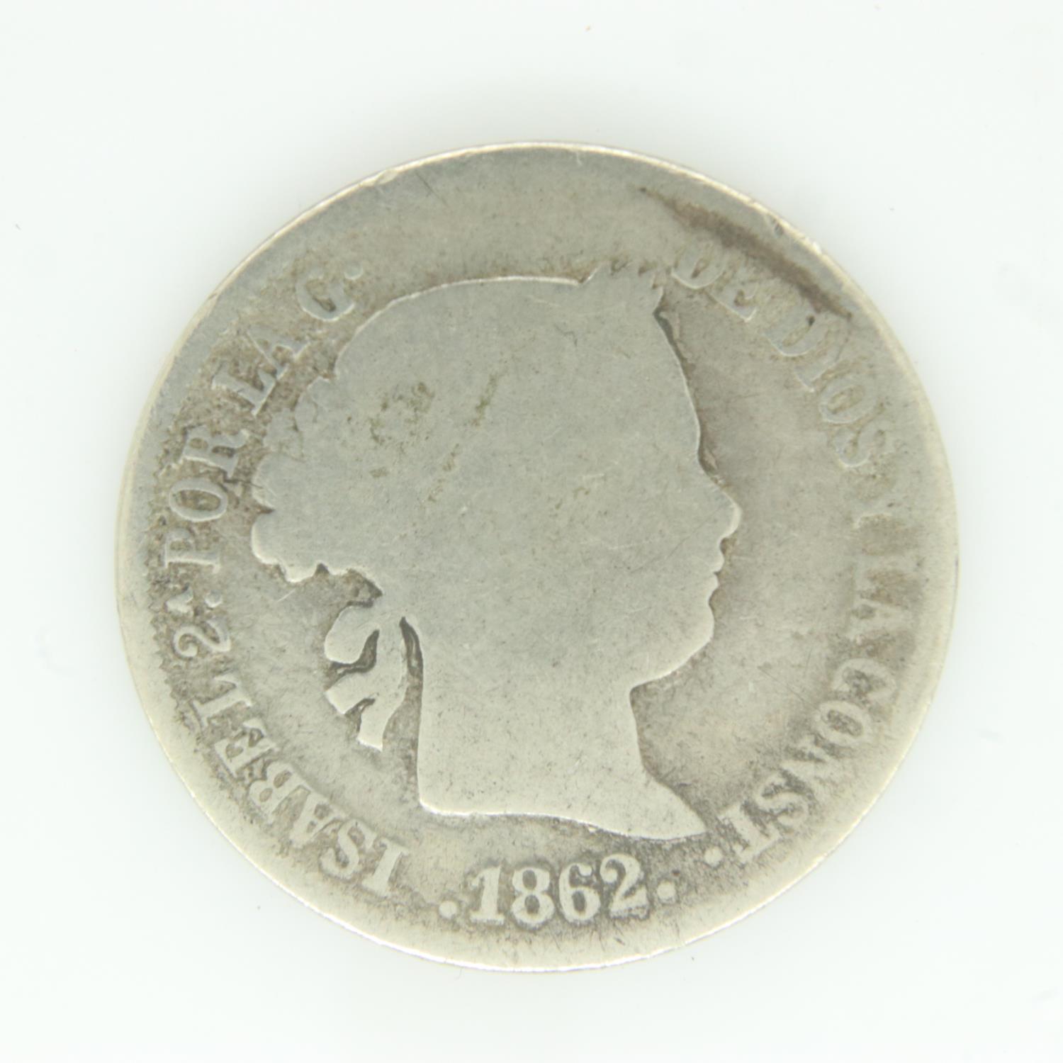 1862 Spanish silver 2 reales - F grade. UK P&P Group 0 (£6+VAT for the first lot and £1+VAT for - Image 2 of 2