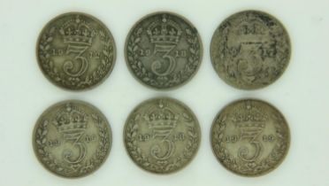 Six silver threepences of George V, mixed good grades. UK P&P Group 0 (£6+VAT for the first lot