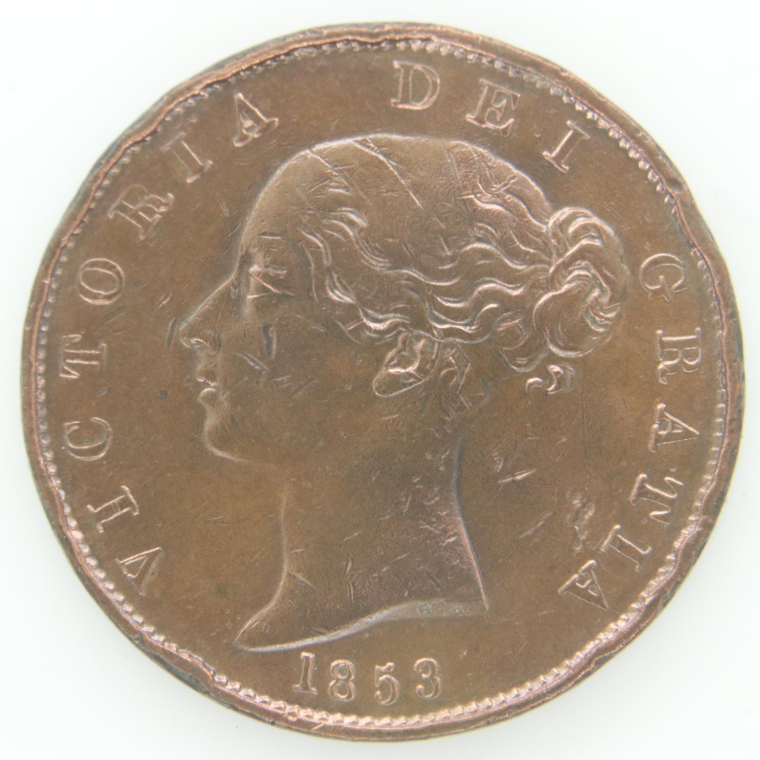 1853 half penny of Queen Victoria - aVF grade with scratches. UK P&P Group 0 (£6+VAT for the first - Image 2 of 2