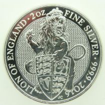 2016 Lion of England two ounce silver bullion round. P&P Group 0 (£6+VAT for the first lot and £1+