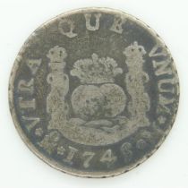 1745 Spanish silver 2 Reales - gF grade. UK P&P Group 0 (£6+VAT for the first lot and £1+VAT for