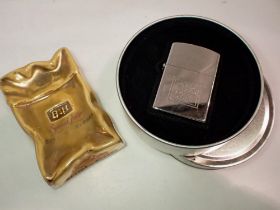 Vintage ceramic Benson & Hedges ashtray, a Hadson stainless steel petrol cigarette lighter in tin.