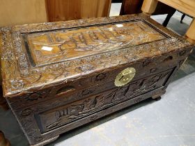 Heavily carved Chinese camphorwood chest, 88 x 42 x 47 cm H. Not available for in-house P&P