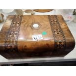 Oak cased writing box with mother of pearl inlaid top. Not available for in-house P&P