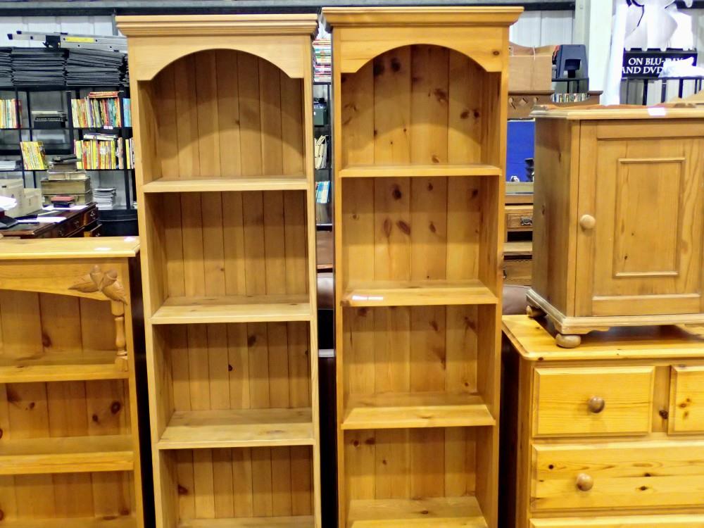 Near pair of pine shelves with drawer below, 46 x 28 x 185 cm H. Not available for in-house P&P