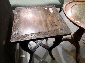 Carved hardwood square occasional table, H: 45 cm. Not available for in-house P&P